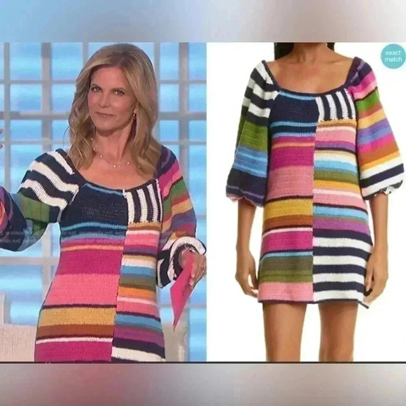 FARM Rio Dresses & Skirts - Anthropologie Farm Rio Stripe Mini Dress Crochet Knit Puff Sweater Chunky S $265